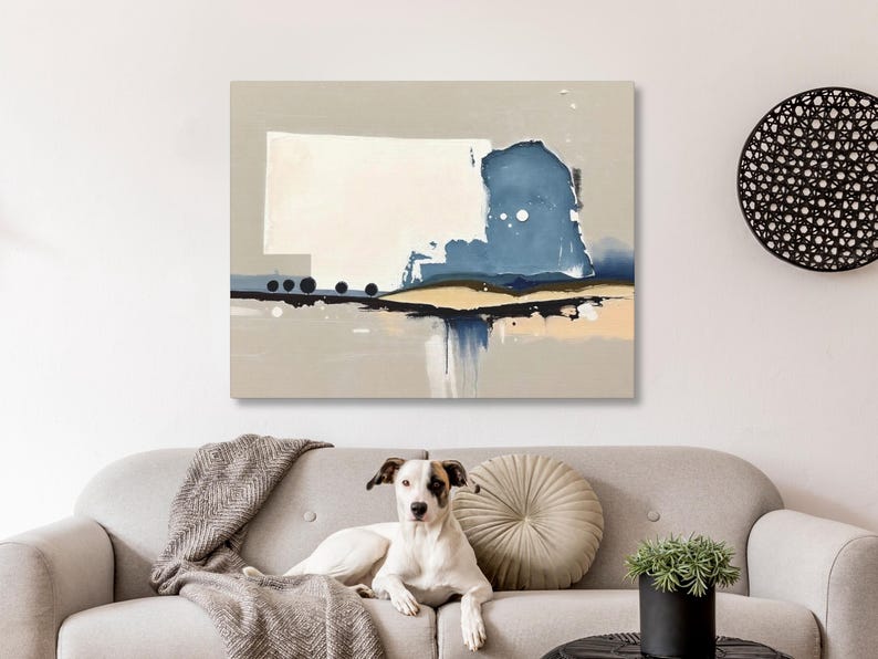 Abstract Nebraska State Silhouette Wall Art Print, Modern Minimalist Landscape Painting In Neutral Blue And Beige Muted Color Artwork Decor image 5