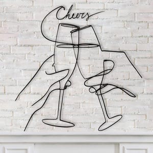 Metal Cheers Sign, Cheers Wall Art, Champagne Wall Art, Home Bar Cart Art, Minimalist Metal Art, Single Continuous Line Art Metal Wall Decor