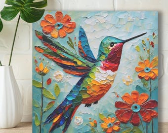 Hummingbird Art Print • Whimsical Folk Art Painting • Eclectic Wall Decor • Bird & Flowers • Framed Canvas Poster Gift for Hummingbird Lover