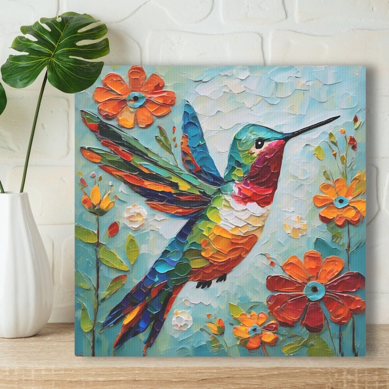 Hummingbird Art Print • Whimsical Folk Art Painting • Eclectic Wall Decor • Bird & Flowers • Framed Canvas Poster Gift for Hummingbird Lover image 1