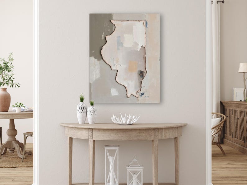 Abstract Illinois State Silhouette Wall Art Print, Modern Minimalist Textured Painting In Neutral Muted Color Artwork, Dusty Pink Gray Decor image 7