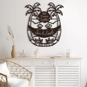 50th Anniversary Gift for Parents, 50 Years Together Tropical Beach Sunset Metal Name Sign Wall Art, Wedding Anniversary Gift for Couple image 12