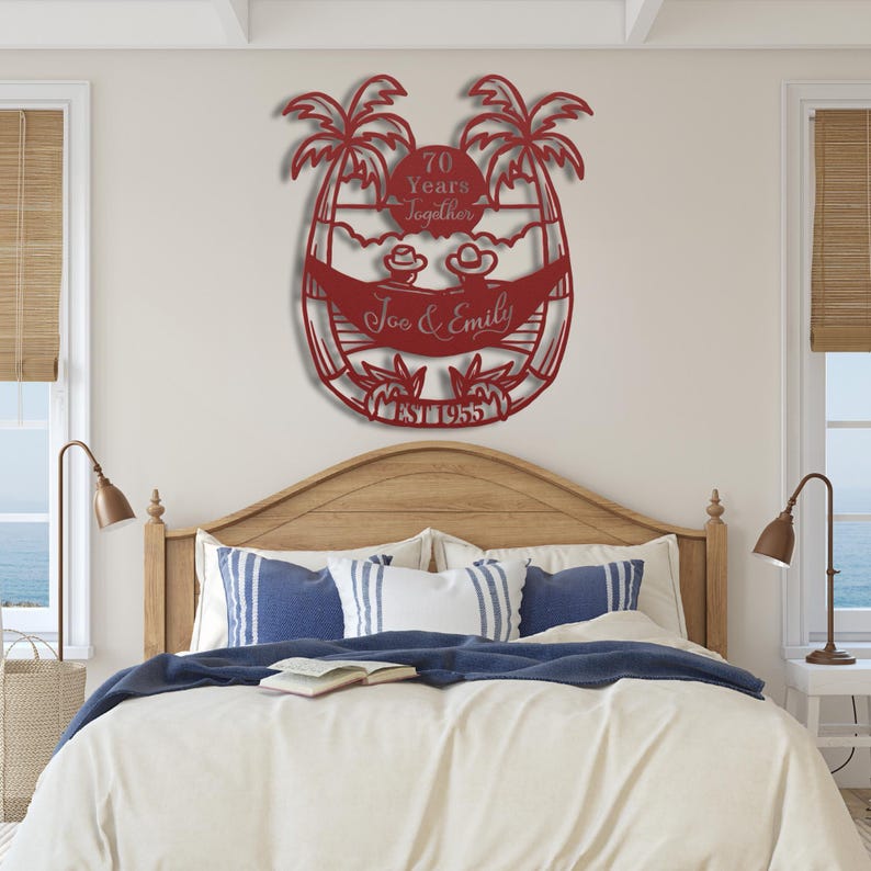 70th Anniversary Gift for Parents, 70 Years Together Tropical Beach Sunset Metal Name Sign Wall Art, Wedding Anniversary Gift for Couple image 14