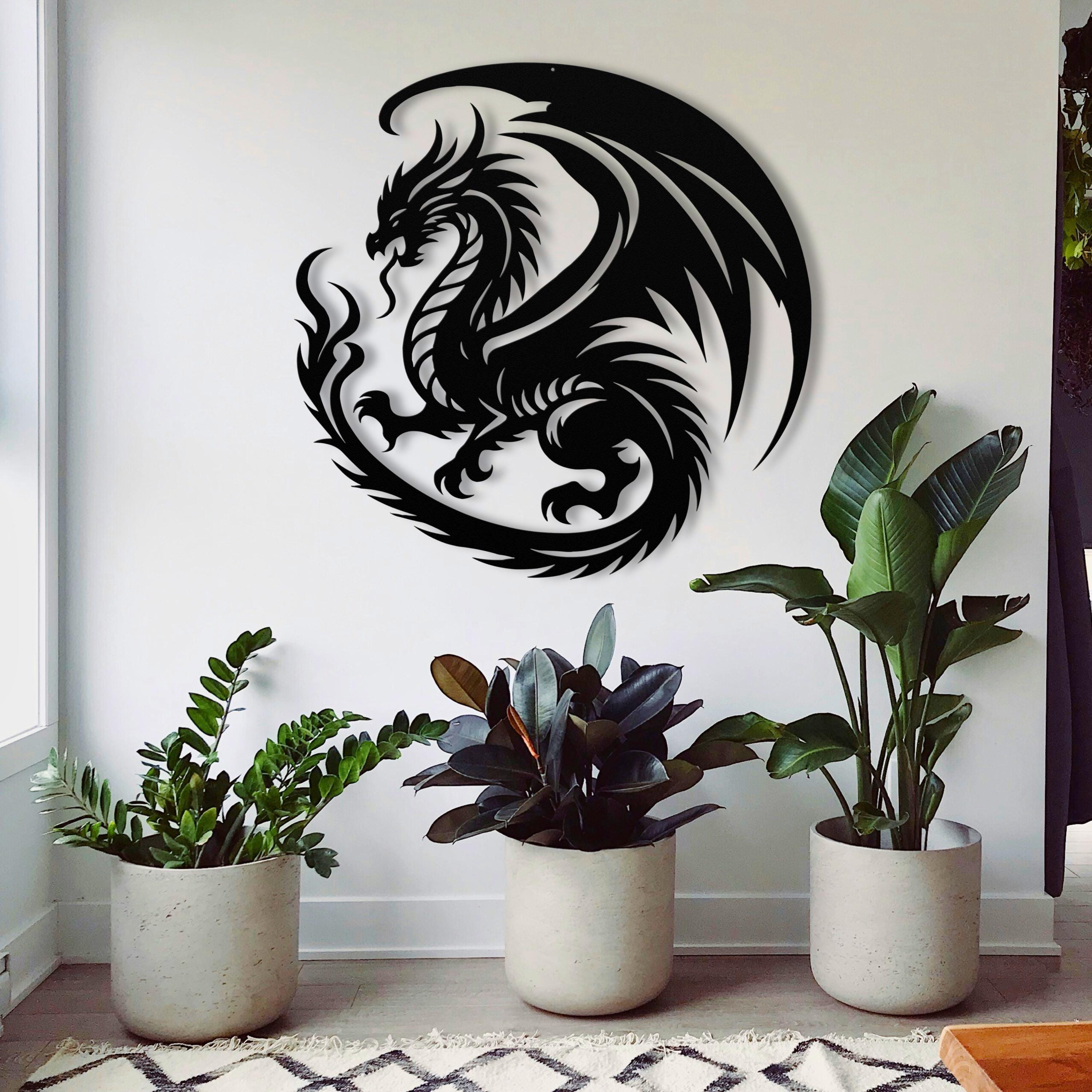 Metal Dragon Wall Art, Fantasy Wall Hanging, Flying Dragon Metal Sign, Fire Breathing Dragon Metal Art, Man Cave Metal Wall Decor for Him