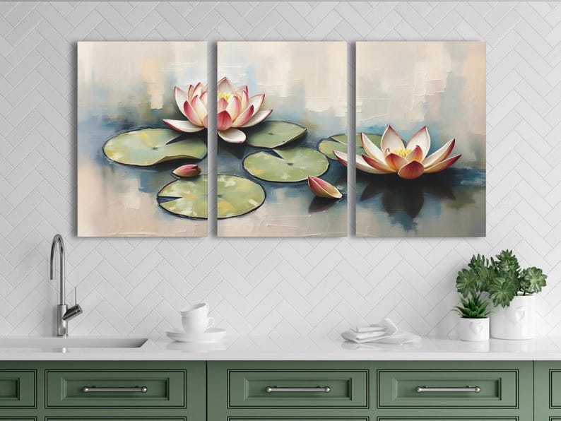 May include: A triptych canvas art print featuring a serene water lily pond scene. The artwork showcases three panels with impressionistic paintings of pink and white water lilies, green lily pads, and soft blue water.