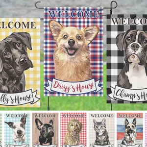 May include: A set of nine welcome flags featuring different dog breeds. Each flag has a checkered background and a ribbon with the text "Welcome" and the dog's name. The flags are perfect for adding a personal touch to your home or garden.