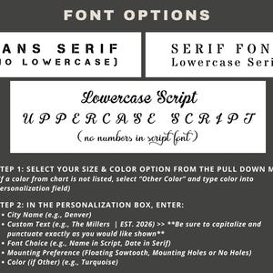 May include: Image showing font options: Sans Serif, Serif Font, and Lowercase Script. It includes instructions on how to order, detailing size, colour, personalisation, font choice, and mounting preference. The background is a dark grey colour.
