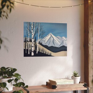 Birch Tree Painting, Minimalistic Abstract Mountain Landscape Wall Art, Blue White Gray Oil Painting Canvas Art Print, Modern Nature Artwork image 6