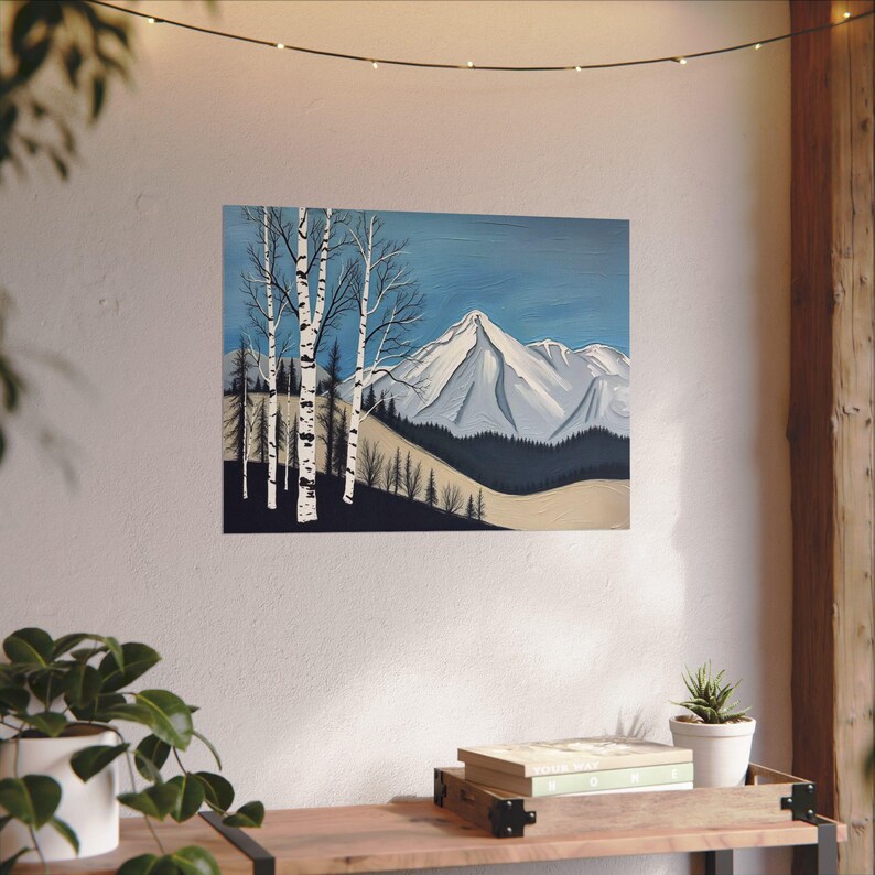 Birch Tree Painting, Minimalistic Abstract Mountain Landscape Wall Art, Blue White Gray Oil Painting Canvas Art Print, Modern Nature Artwork image 6