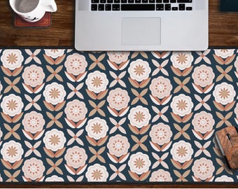 Boho Floral Desk Mat, Scandinavian Folk Art Flower Desk Pad, Blush Pink And Navy Blue Deskmat, Cute Mouse Pad, Nordic Retro Floral Mousepad