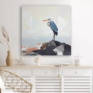 Pintura de garza azul grande sobre lienzo o póster, impresión artística de pared, obra de arte abstracto de paisaje costero neutro y apagado, decoración moderna de aves marinas oceánicas imagen 6