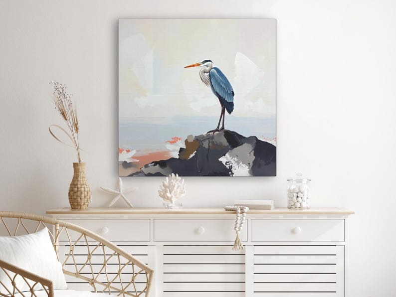 Pintura de garza azul grande sobre lienzo o póster, impresión artística de pared, obra de arte abstracto de paisaje costero neutro y apagado, decoración moderna de aves marinas oceánicas imagen 6