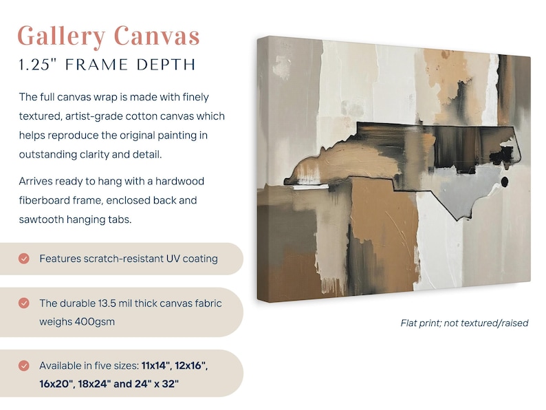 Abstract North Carolina State Silhouette Wall Art Print, Modern Minimalist Painting in Neutral Muted Color Artwork, Brown Beige Gray Decor image 2