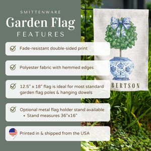 May include: A blue and white garden flag with a topiary tree in a blue and white pot. The flag is 12.5 inches by 18 inches and has the text "BERTSON" on it.