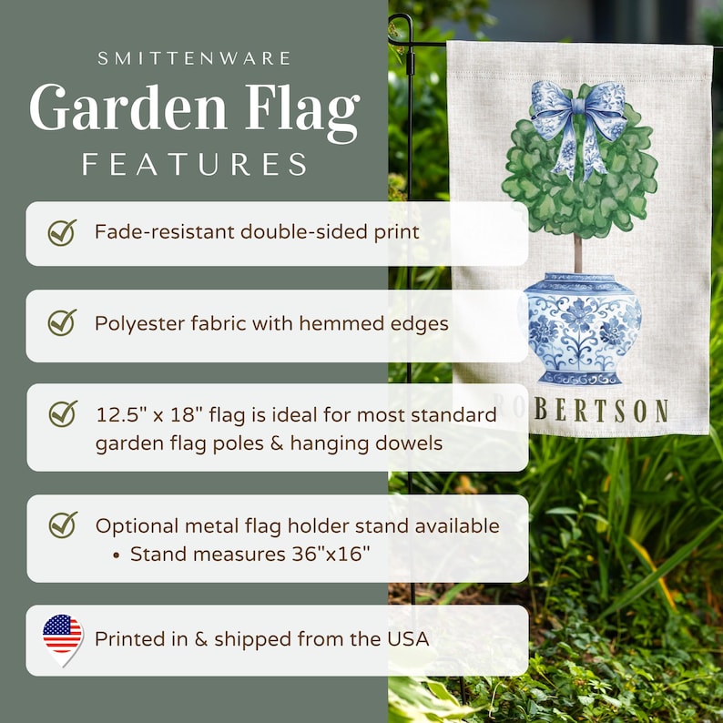 May include: A blue and white garden flag with a topiary tree in a blue and white pot. The flag is 12.5 inches by 18 inches and has the text "BERTSON" on it.