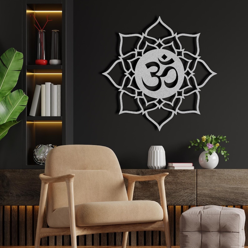 Metal Lotus and Ohm Wall Decor, Metal Om Symbol Large Wall Art, Zen Lotus Flower Metal Wall Art, Yogi Lotus Mandala Metal Wall Hanging Sign image 3