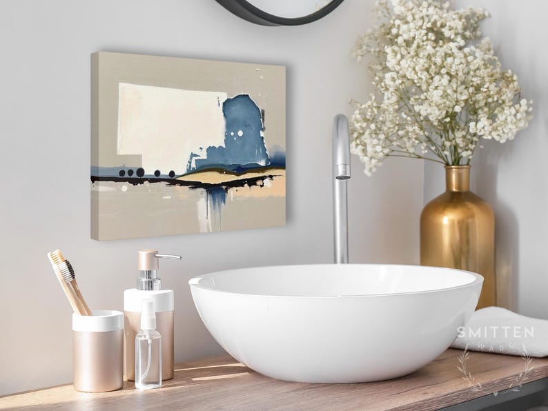 Abstract Nebraska State Silhouette Wall Art Print, Modern Minimalist Landscape Painting In Neutral Blue And Beige Muted Color Artwork Decor image 9