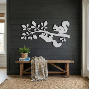 Silver playful squirrel art, nursery wall decor on dark shiplap.