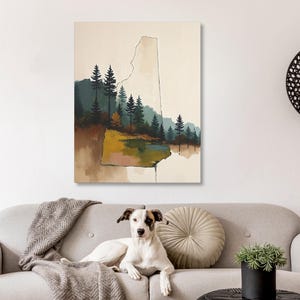 Abstract New Hampshire State Silhouette Wall Art Print, Mountain Pine Tree Forest Landscape Painting, Muted Color Green Blue & Beige Artwork image 7