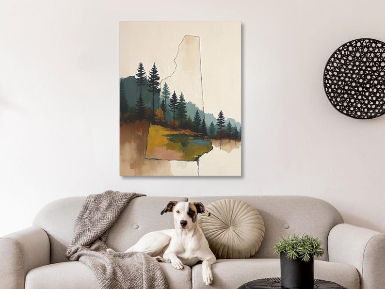 Abstract New Hampshire State Silhouette Wall Art Print, Mountain Pine Tree Forest Landscape Painting, Muted Color Green Blue & Beige Artwork image 7