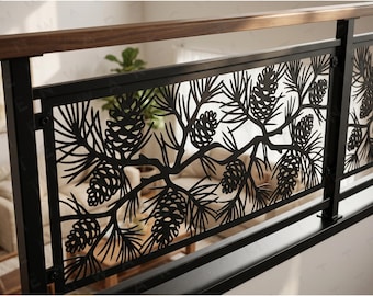 Pine Cone Branch Metal Balcony Panel • Outdoor Steel Fence Insert • Deck Pergola Privacy Screen • Patio Yard Railing • Rustic Cabin Decor