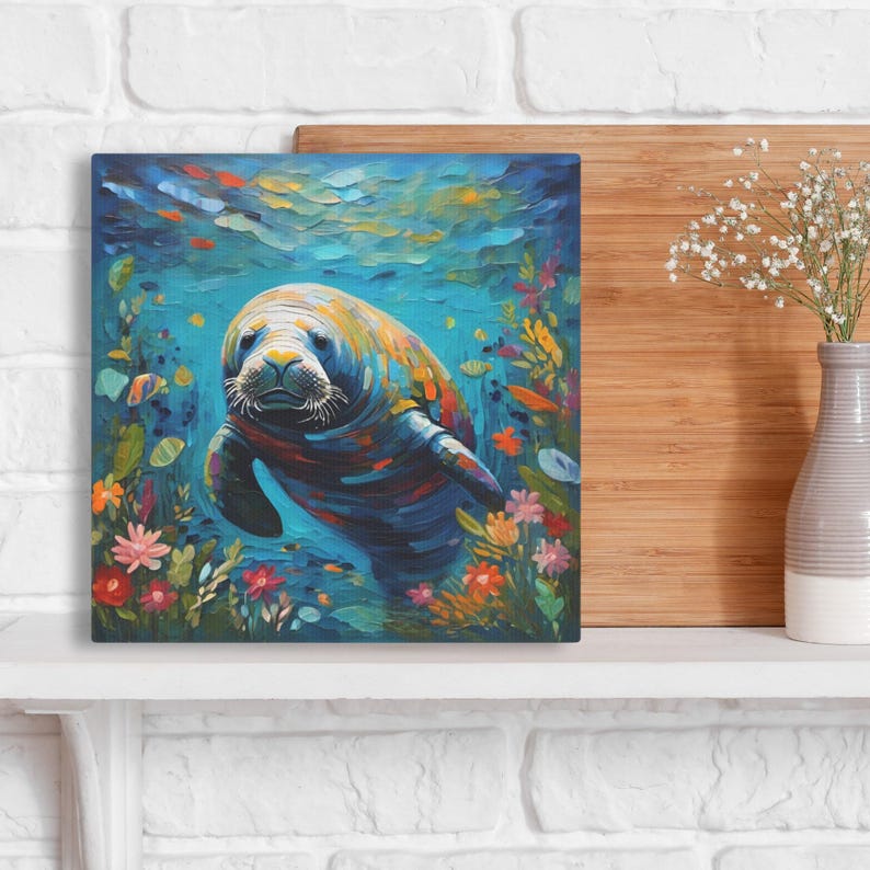Manatee Art Print • Whimsical Folk Art Painting • Eclectic Wall Decor • Sea Animal Garden • Framed Canvas Poster Gift For Manatee Lover image 4