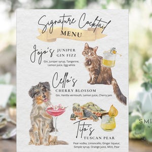 Letrero de bebida con firma de mascota, letrero de cóctel con firma de 3 mascotas, menú de bar de bodas, letrero de cóctel especial para gatos personalizado a partir de póster de tela con foto