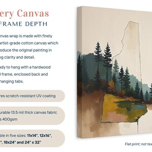 Abstract New Hampshire State Silhouette Wall Art Print, Mountain Pine Tree Forest Landscape Painting, Muted Color Green Blue & Beige Artwork image 2
