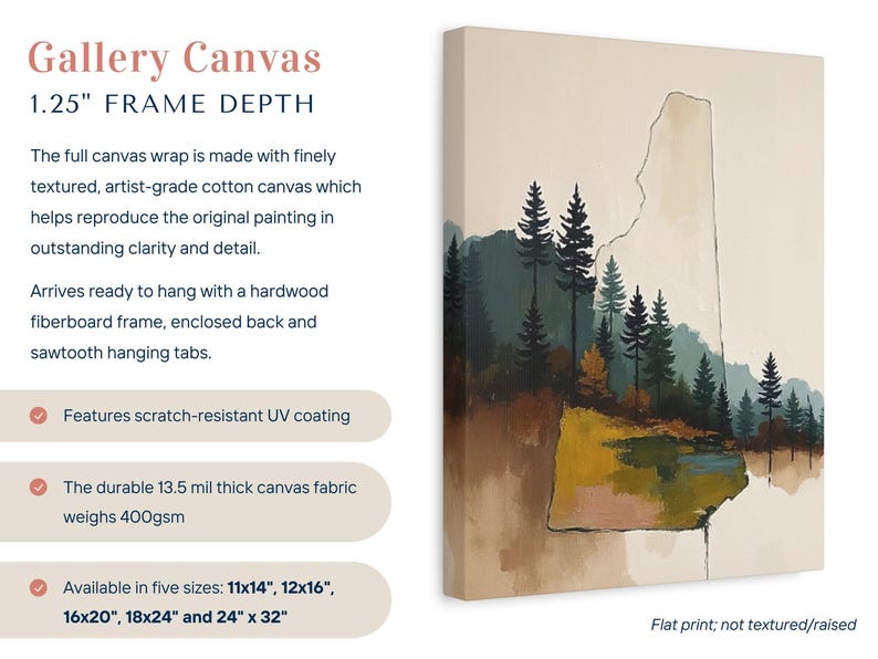 Abstract New Hampshire State Silhouette Wall Art Print, Mountain Pine Tree Forest Landscape Painting, Muted Color Green Blue & Beige Artwork image 2