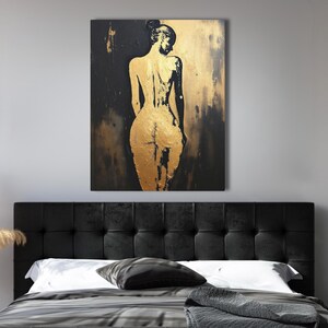 Pintura abstracta de figura femenina, retrato de espaldas, impresión artística de pared con silueta femenina, decoración moderna contemporánea en dorado y negro para el hogar. imagen 5