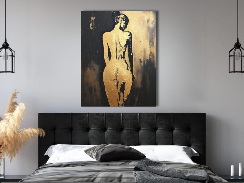 Pintura abstracta de figura femenina, retrato de espaldas, impresión artística de pared con silueta femenina, decoración moderna contemporánea en dorado y negro para el hogar. imagen 5