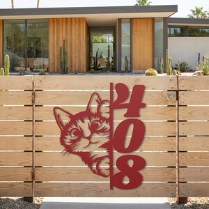 Red cat fence sign, gate address numbers for pet lover.