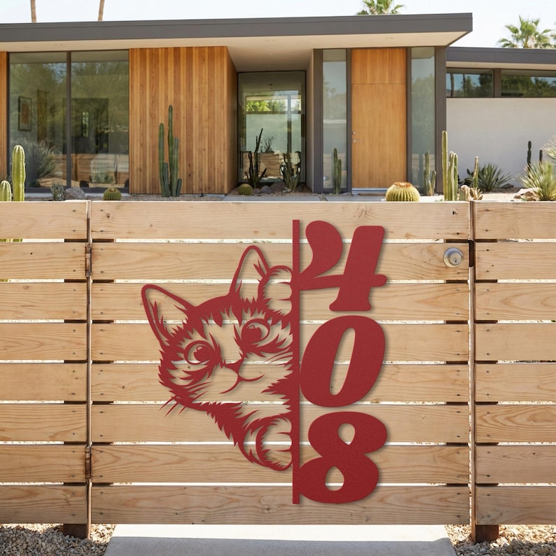 Red cat fence sign, gate address numbers for pet lover.