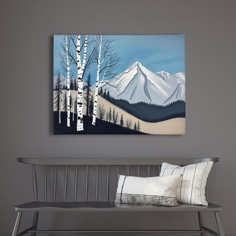 Birch Tree Painting, Minimalistic Abstract Mountain Landscape Wall Art, Blue White Gray Oil Painting Canvas Art Print, Modern Nature Artwork image 1