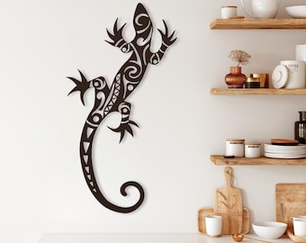 Decoración de pared con forma de lagarto de metal, adorno de pared con forma de gecko de metal, arte de pared tribal con reptiles y lagartos, estatua de gecko de metal para interiores o exteriores.