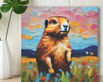 Prairie Dog Art Print on Framed Canvas or Poster Paper, Original Oil Painting Artwork, Cute Animal & Flowers, Gift For Prairie Dog Lovers