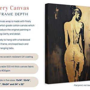 Pintura abstracta de figura femenina, retrato de espaldas, impresión artística de pared con silueta femenina, decoración moderna contemporánea en dorado y negro para el hogar. imagen 2