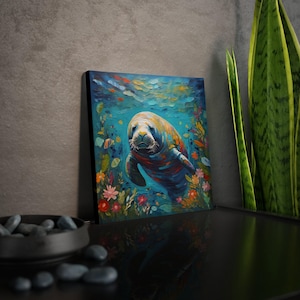 Manatee Art Print • Whimsical Folk Art Painting • Eclectic Wall Decor • Sea Animal Garden • Framed Canvas Poster Gift For Manatee Lover image 5