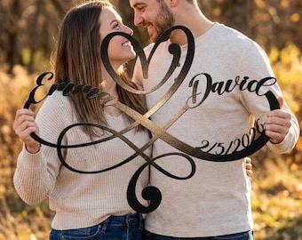 Personalized Infinity Heart Sign • Wedding Gift for Couple • Custom Names & Date • Iron Anniversary Gift • Metal Wall Art • Bedroom Decor