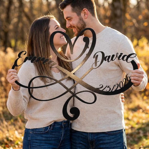 Personalized Infinity Heart Sign • Wedding Gift for Couple • Custom Names & Date • Iron Anniversary Gift • Metal Wall Art • Bedroom Decor