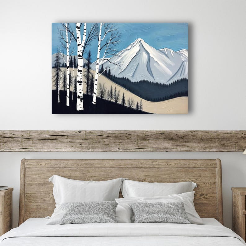 Birch Tree Painting, Minimalistic Abstract Mountain Landscape Wall Art, Blue White Gray Oil Painting Canvas Art Print, Modern Nature Artwork image 8