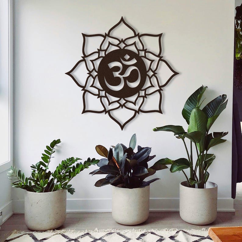 Metal Lotus and Ohm Wall Decor, Metal Om Symbol Large Wall Art, Zen Lotus Flower Metal Wall Art, Yogi Lotus Mandala Metal Wall Hanging Sign image 1