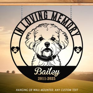 Puede incluir: Un letrero conmemorativo circular de metal negro con una ilustraci&oacute;n de un perro. El letrero dice "IN LOVING MEMORY", con el nombre del perro "Bailey" y las fechas "2011-2025". Huellas de patas a ambos lados de la cabeza del perro.