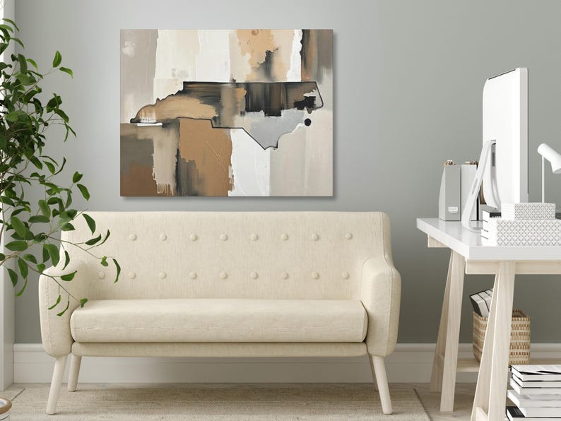 Abstract North Carolina State Silhouette Wall Art Print, Modern Minimalist Painting in Neutral Muted Color Artwork, Brown Beige Gray Decor image 7