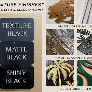 Puede incluir: Imagen que muestra muestras de acabados met&aacute;licos. Incluye Textura Negra, Negro Mate y Negro Brillante. Muestras adicionales presentan Cobre y Plata m&aacute;s claros, Cobre y Plata martillados, Oro y Verde Musgo. El texto dice "Acabados de firma" y "Acabados de acero de calibre 14 / 2 mm".