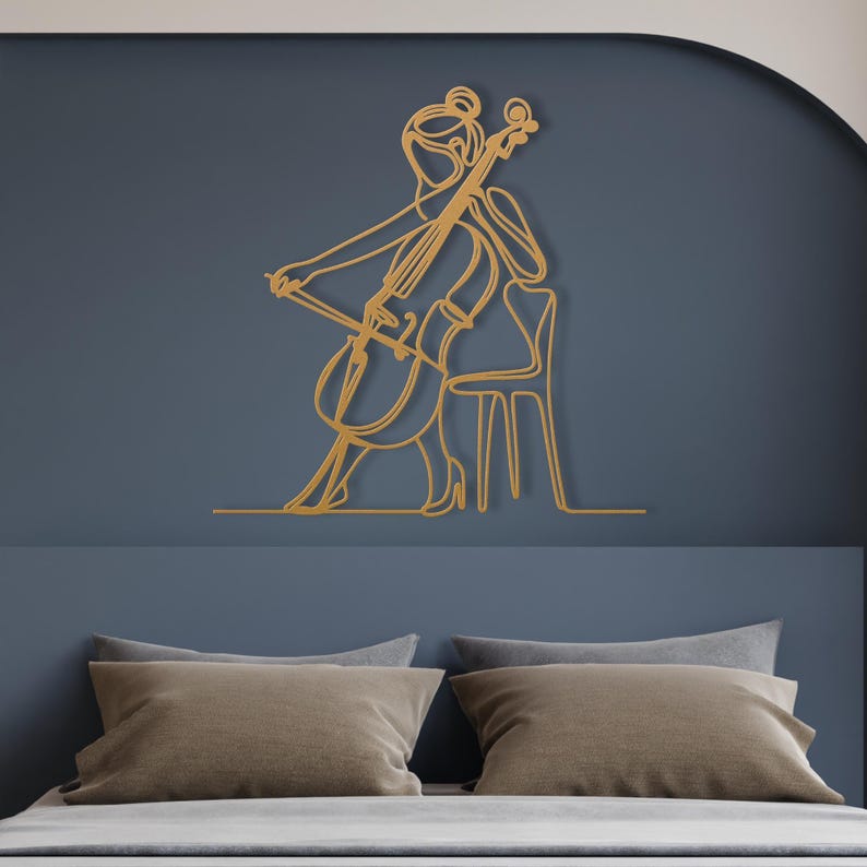 Cello speler metalen muur kunst, vrouwelijke cellist metalen bord, klassiek snaarinstrument muzikant metal kunst, orkest metalen muur hangend decor afbeelding 12
