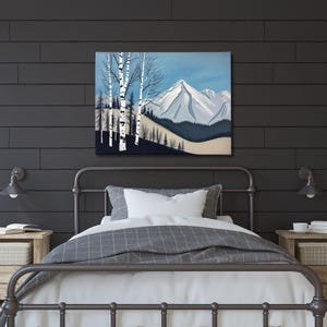 Birch Tree Painting, Minimalistic Abstract Mountain Landscape Wall Art, Blue White Gray Oil Painting Canvas Art Print, Modern Nature Artwork image 7