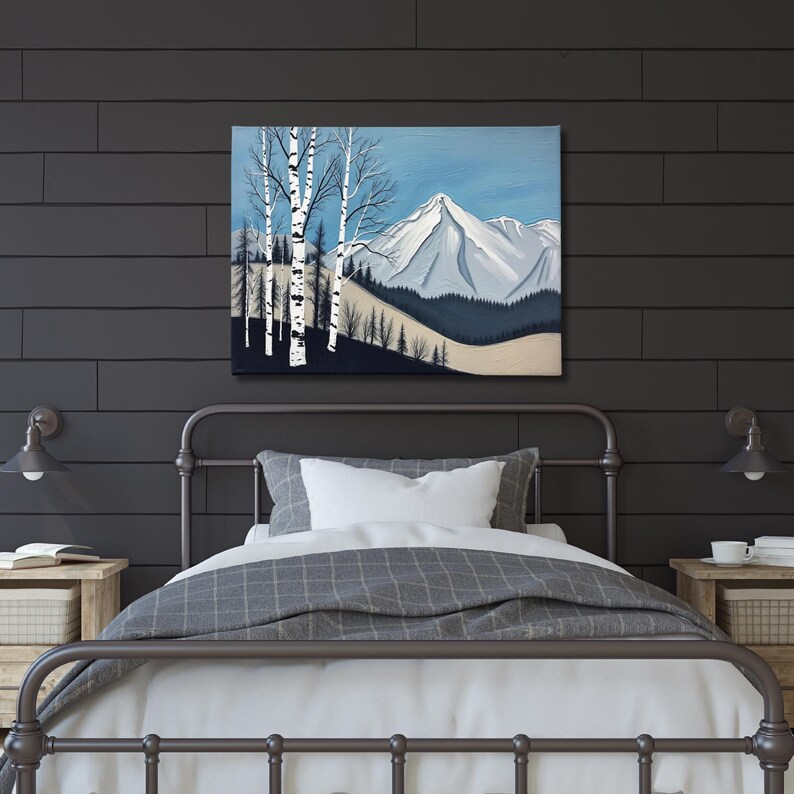 Birch Tree Painting, Minimalistic Abstract Mountain Landscape Wall Art, Blue White Gray Oil Painting Canvas Art Print, Modern Nature Artwork image 7