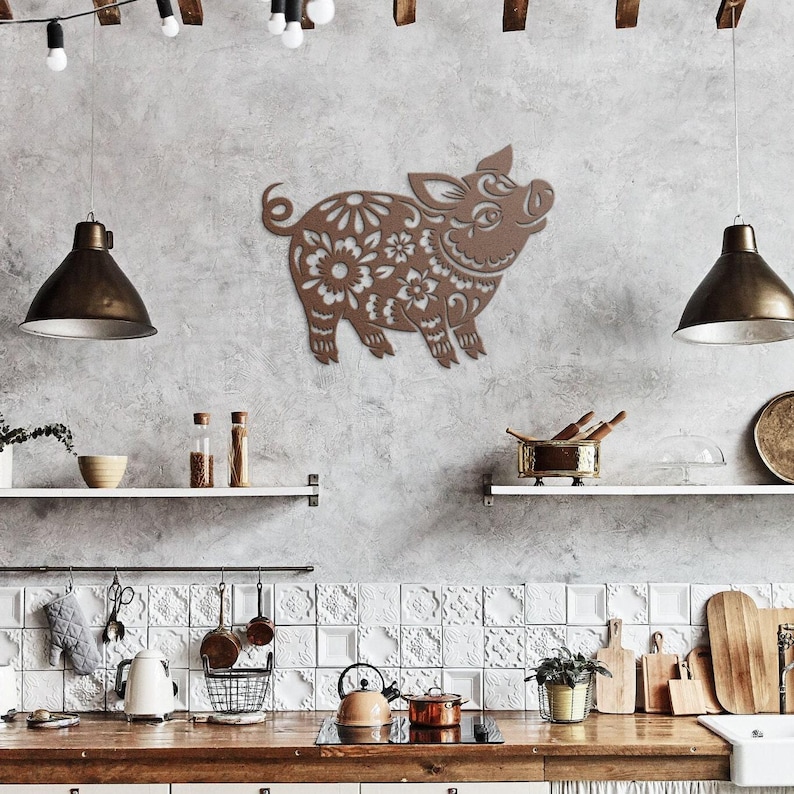 Year of the Pig Chinese Zodiac Metal Wall Art in Papercut Style, Feng Shui Metal Wall Decor for Good Luck, Chinese Lunar New Year Gift image 2