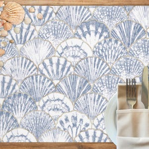 Coastal Placemats Set, Nautical Shell Place Mats, Coastal Table Decor, Blue and White Table Linens, Summer Table Decor, Beach House Decor